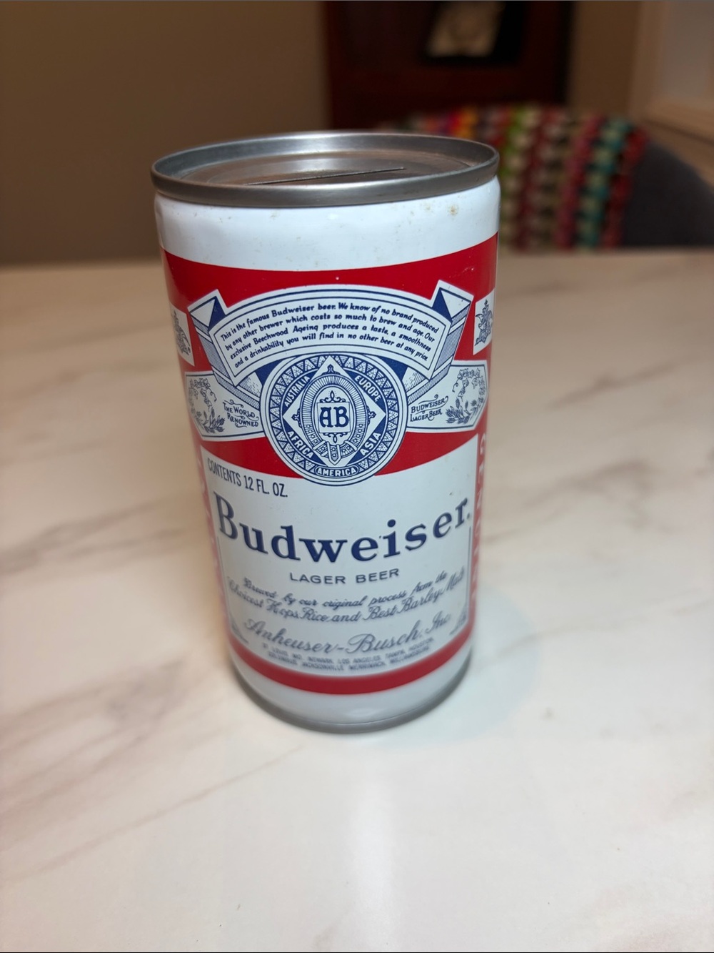 Vintage 80s Budweiser commemorative Red, White & Blue Classic beer can bank
